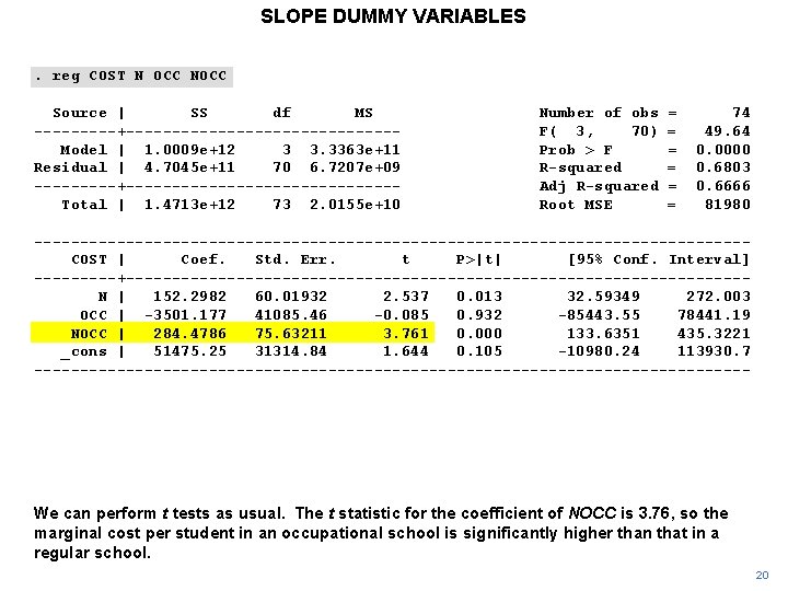 SLOPE DUMMY VARIABLES. reg COST N OCC NOCC Source | SS df MS -----+---------------Model