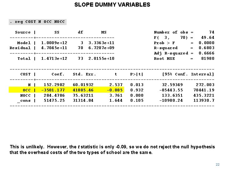 SLOPE DUMMY VARIABLES. reg COST N OCC NOCC Source | SS df MS -----+---------------Model