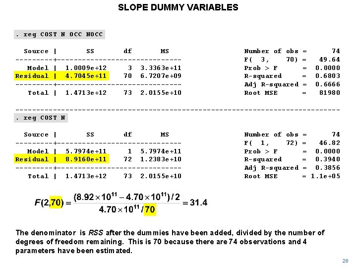 SLOPE DUMMY VARIABLES. reg COST N OCC NOCC Source | SS df MS -----+---------------Model