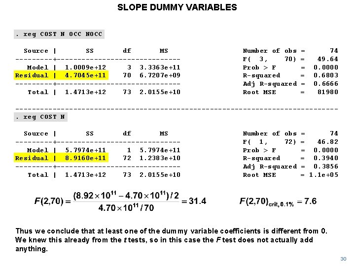 SLOPE DUMMY VARIABLES. reg COST N OCC NOCC Source | SS df MS -----+---------------Model