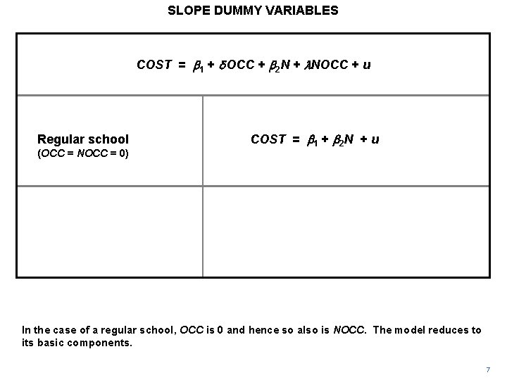 SLOPE DUMMY VARIABLES COST = b 1 + d OCC + b 2 N