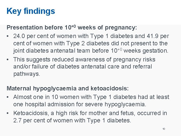 Key findings Presentation before 10+0 weeks of pregnancy: • 24. 0 per cent of
