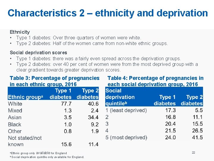 Characteristics 2 – ethnicity and deprivation Ethnicity • Type 1 diabetes: Over three quarters