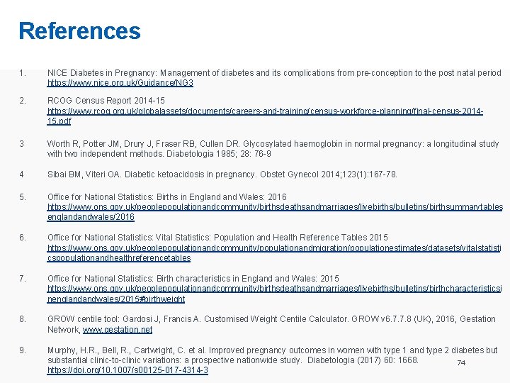 References 1. NICE Diabetes in Pregnancy: Management of diabetes and its complications from pre-conception