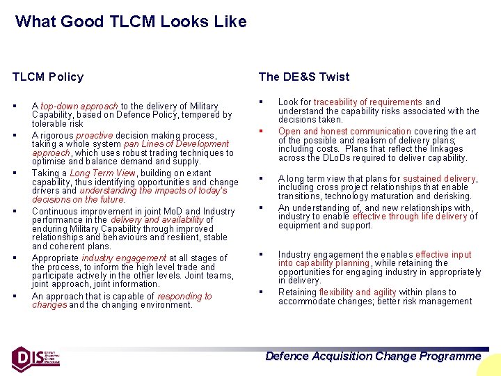 What Good TLCM Looks Like TLCM Policy The DE&S Twist § § § §