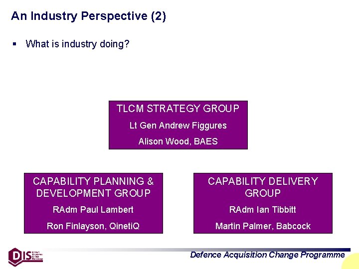 An Industry Perspective (2) § What is industry doing? TLCM STRATEGY GROUP Lt Gen