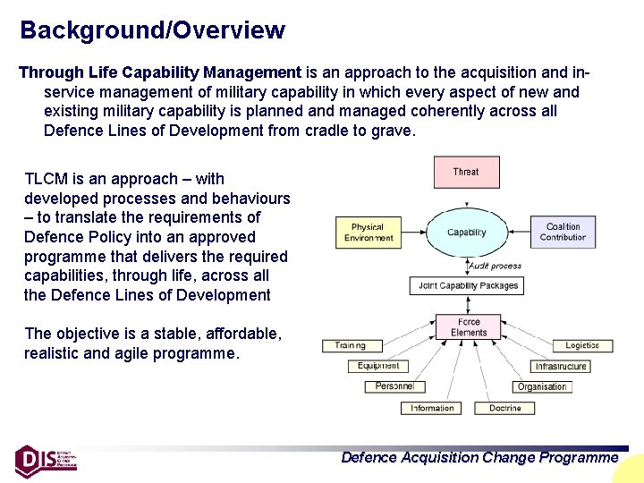 Background/Overview Through Life Capability Management is an approach to the acquisition and inservice management