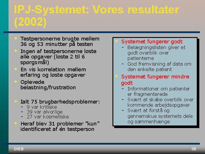 IPJ-Systemet: Vores resultater (2002) • • • Testpersonerne brugte mellem 36 og 53 minutter