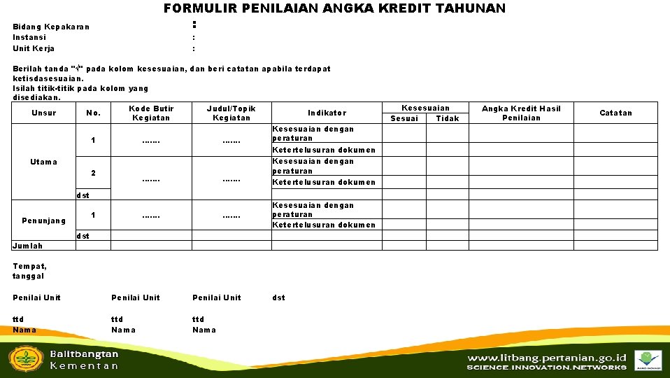 FORMULIR PENILAIAN ANGKA KREDIT TAHUNAN : Bidang Kepakaran Instansi Unit Kerja : : Berilah