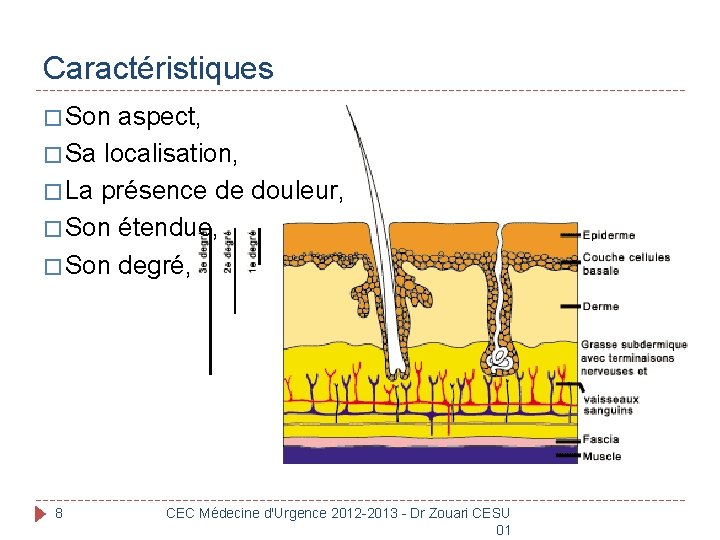 Caractéristiques � Son aspect, � Sa localisation, � La présence de douleur, � Son