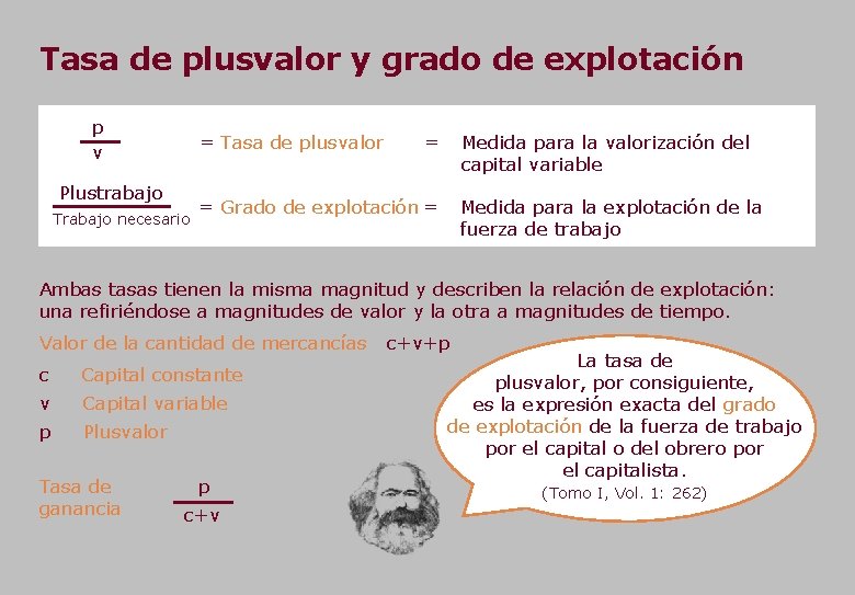 Tasa de plusvalor y grado de explotación p v = Tasa de plusvalor Plustrabajo