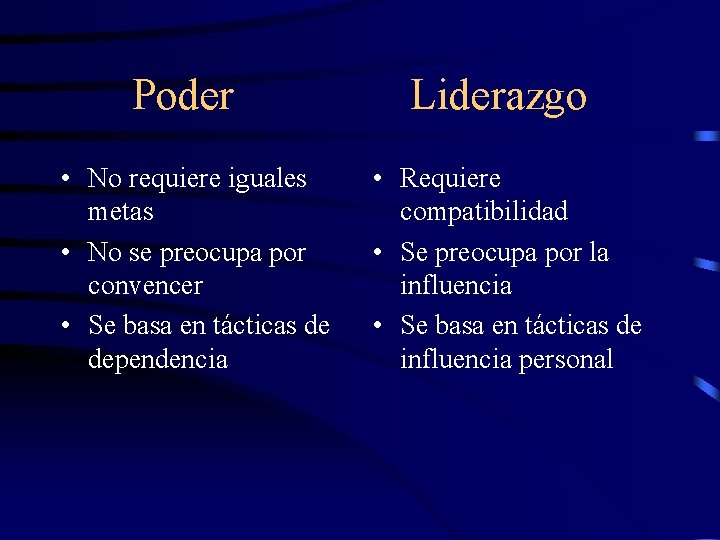 Poder • No requiere iguales metas • No se preocupa por convencer • Se