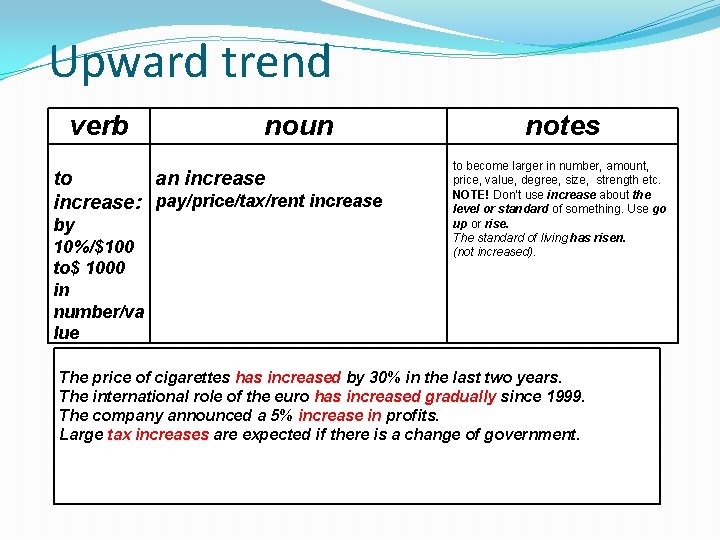 Upward trend verb noun to an increase: pay/price/tax/rent increase by 10%/$100 to$ 1000 in