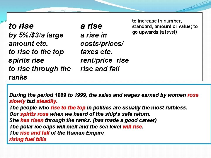 to rise a rise by 5%/$3/a large amount etc. to rise to the top