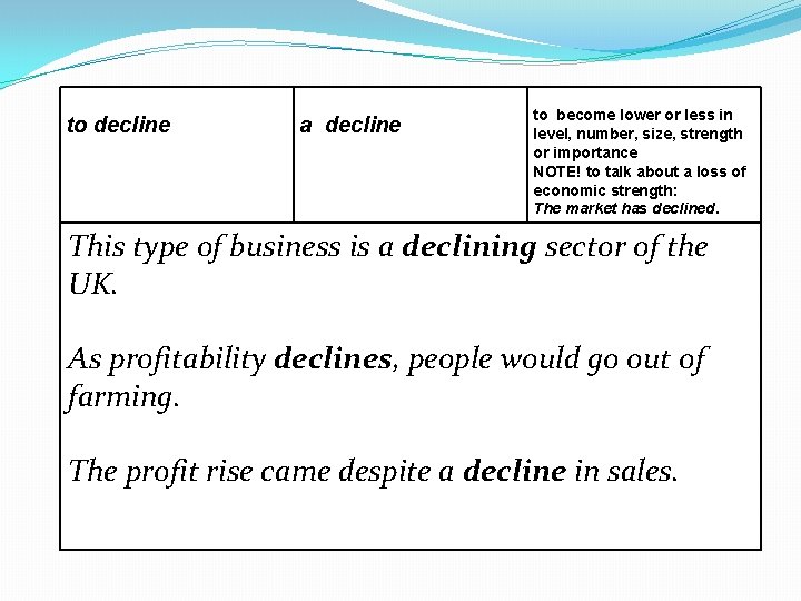 to decline a decline to become lower or less in level, number, size, strength