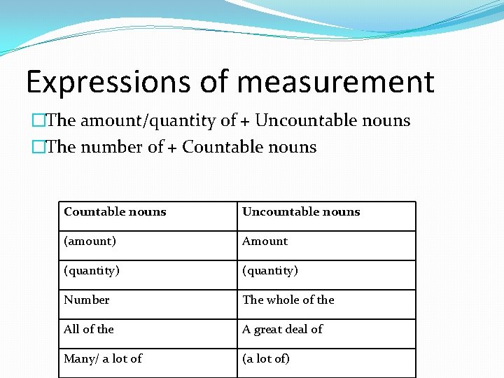 Expressions of measurement �The amount/quantity of + Uncountable nouns �The number of + Countable