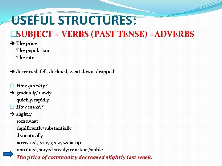 USEFUL STRUCTURES: �SUBJECT + VERBS (PAST TENSE) +ADVERBS The price The population The rate