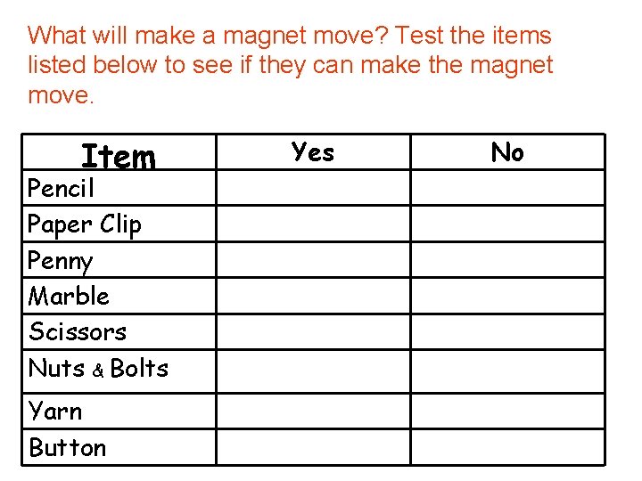 What will make a magnet move? Test the items listed below to see if