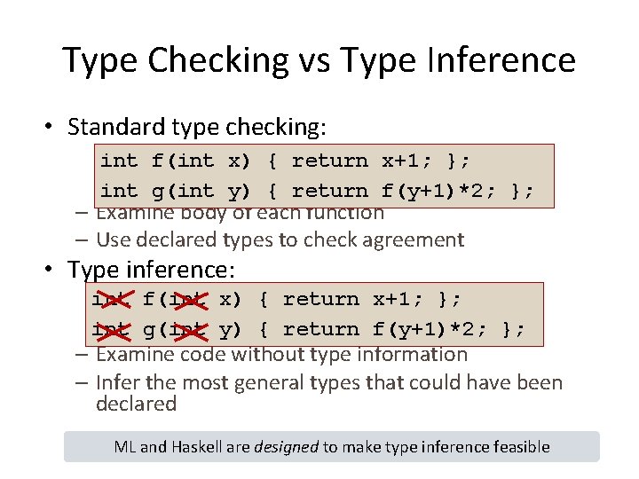 Type Checking vs Type Inference • Standard type checking: int f(int x) { return