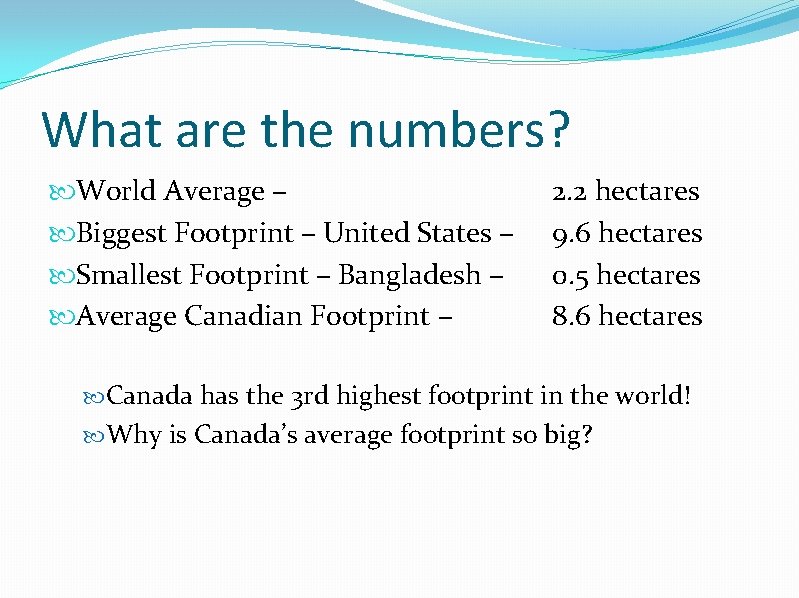 What are the numbers? World Average – Biggest Footprint – United States – Smallest