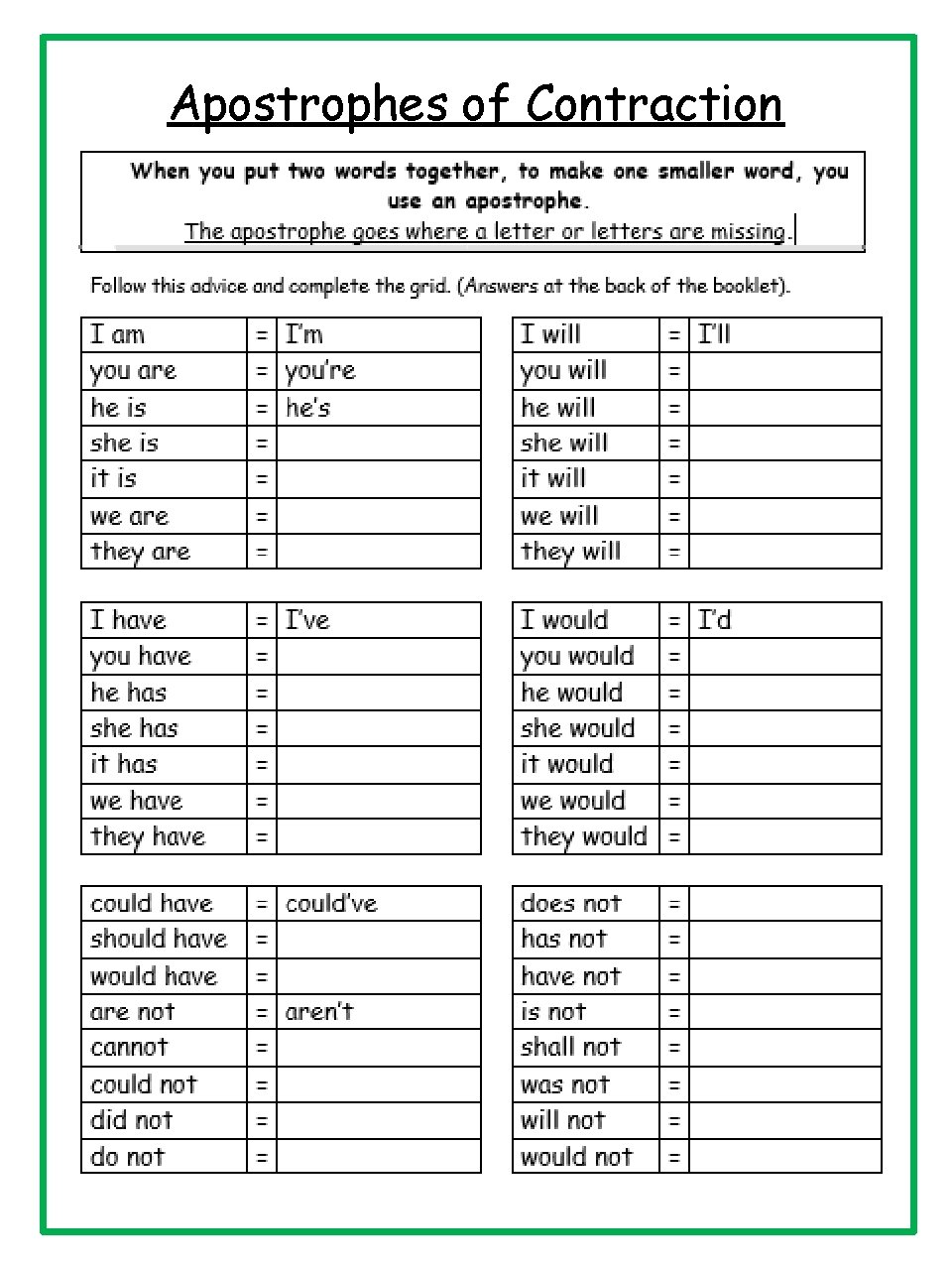 Apostrophes of Contraction 