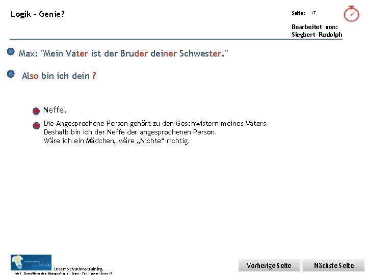 Übungsart: Logik – Genie? Seite: 17 Bearbeitet von: Siegbert Rudolph Max: "Mein Vater ist