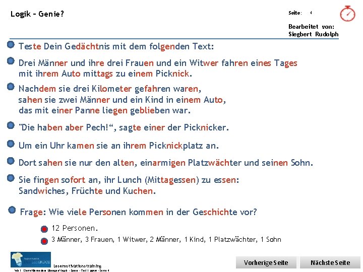 Übungsart: Logik – Genie? Seite: 4 Bearbeitet von: Siegbert Rudolph Teste Dein Gedächtnis mit