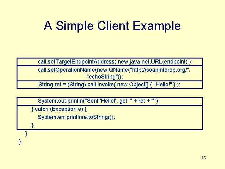A Simple Client Example call. set. Target. Endpoint. Address( new java. net. URL(endpoint) );