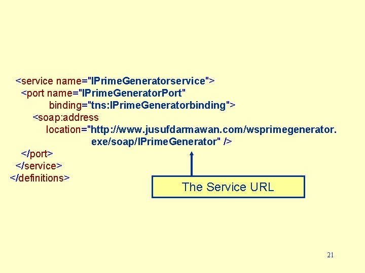 <service name="IPrime. Generatorservice"> <port name="IPrime. Generator. Port" binding="tns: IPrime. Generatorbinding"> <soap: address location="http: //www.