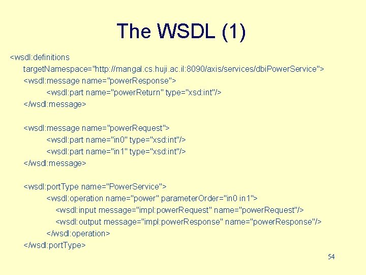 The WSDL (1) <wsdl: definitions target. Namespace="http: //mangal. cs. huji. ac. il: 8090/axis/services/dbi. Power.