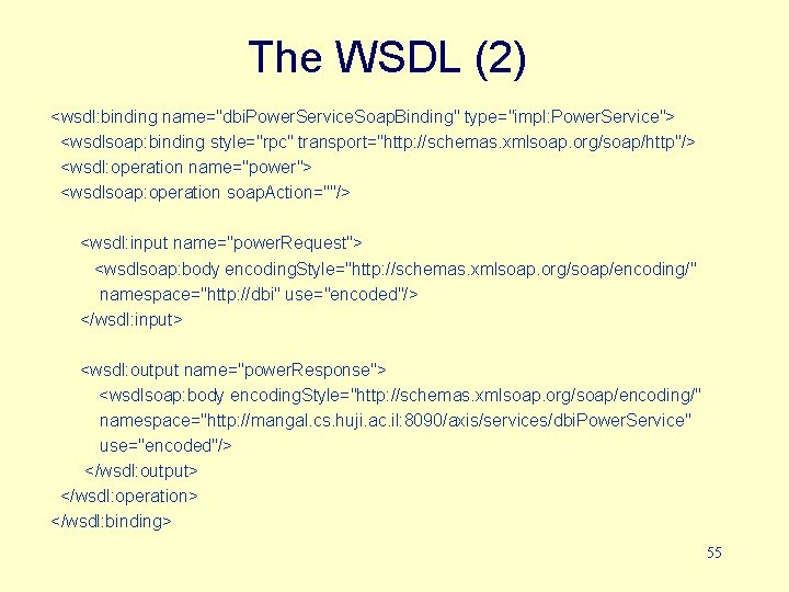 The WSDL (2) <wsdl: binding name="dbi. Power. Service. Soap. Binding" type="impl: Power. Service"> <wsdlsoap: