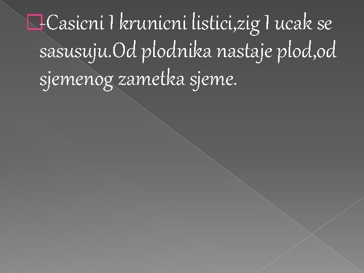 �-Casicni I krunicni listici, zig I ucak se sasusuju. Od plodnika nastaje plod, od