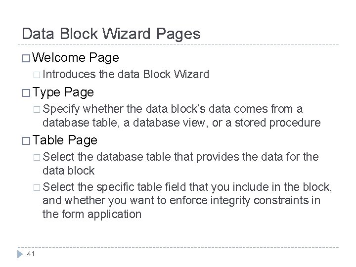 Data Block Wizard Pages � Welcome Page � Introduces � Type the data Block Data Block Wizard Pages � Welcome Page � Introduces � Type the data Block