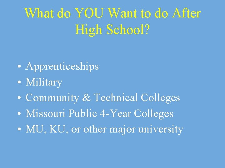 What do YOU Want to do After High School? • • • Apprenticeships Military