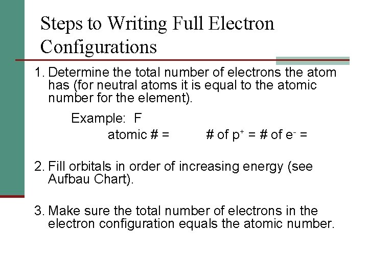 Steps to Writing Full Electron Configurations 1. Determine the total number of electrons the