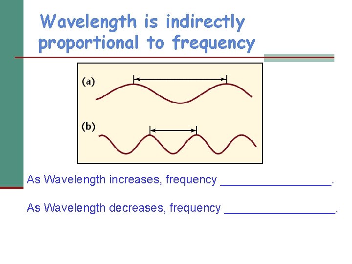 Wavelength is indirectly proportional to frequency As Wavelength increases, frequency _________. As Wavelength decreases,