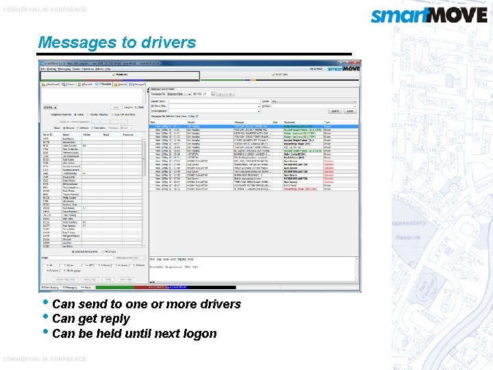 COMMERCIAL-IN-CONFIDENCE Messages to drivers • Can send to one or more drivers • Can