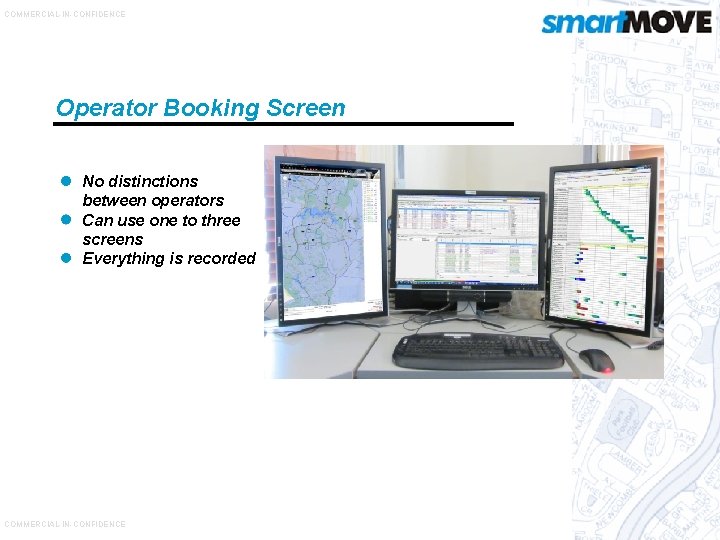 COMMERCIAL-IN-CONFIDENCE Operator Booking Screen No distinctions between operators Can use one to three screens