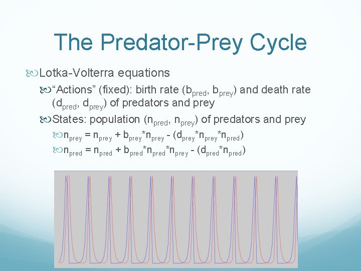 The Predator-Prey Cycle Lotka-Volterra equations “Actions” (fixed): birth rate (bpred, bprey) and death rate