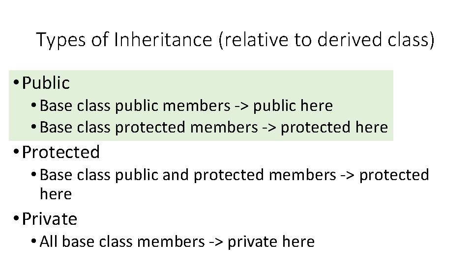 Types of Inheritance (relative to derived class) • Public • Base class public members Types of Inheritance (relative to derived class) • Public • Base class public members