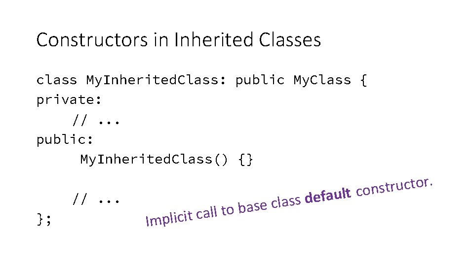 Constructors in Inherited Classes class My. Inherited. Class: public My. Class { private: //. Constructors in Inherited Classes class My. Inherited. Class: public My. Class { private: //.