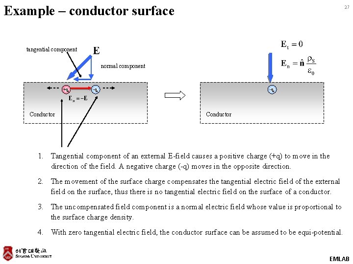 Example – conductor surface 27 tangential component normal component +q 1 Conductor -q 1