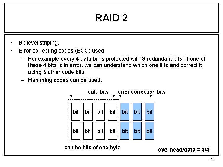 RAID 2 • • Bit level striping. Error correcting codes (ECC) used. – For