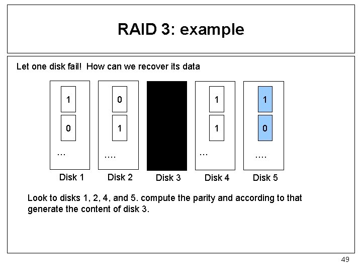 RAID 3: example Let one disk fail! How can we recover its data 1