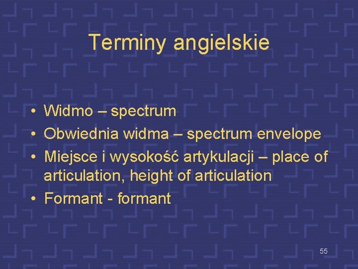 Terminy angielskie • Widmo – spectrum • Obwiednia widma – spectrum envelope • Miejsce