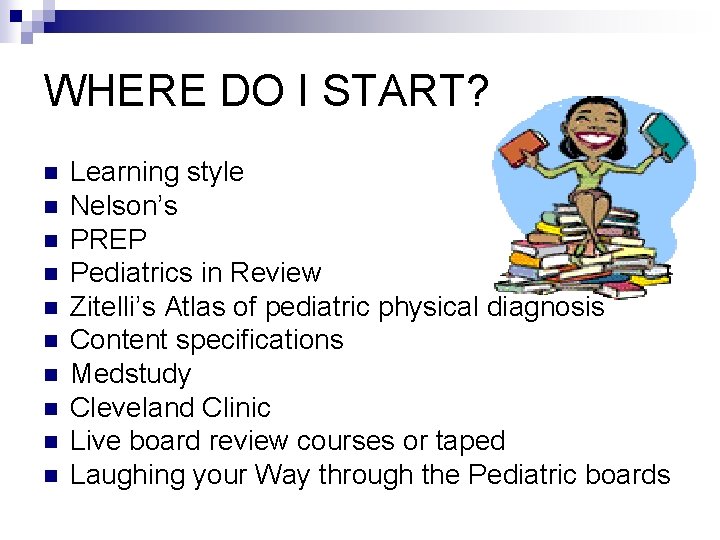 WHERE DO I START? n n n n n Learning style Nelson’s PREP Pediatrics