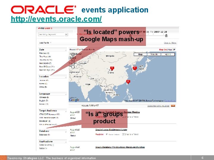 events application http: //events. oracle. com/ “Is located” powers Google Maps mash-up “Is a”
