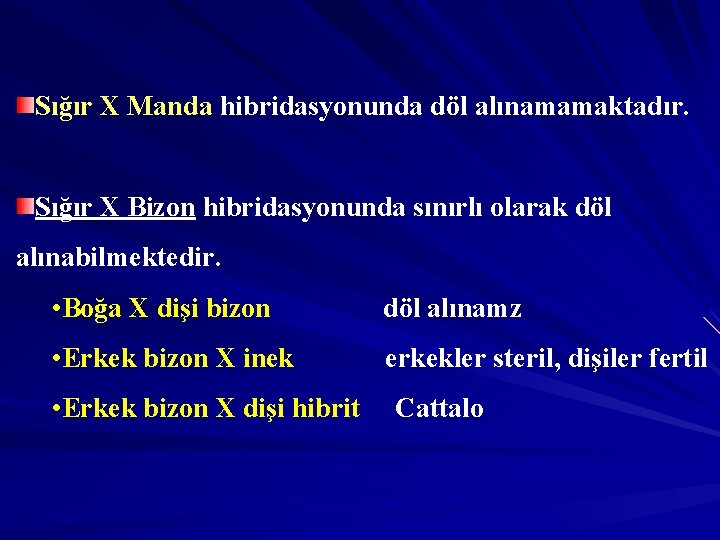 Sığır X Manda hibridasyonunda döl alınamamaktadır. Sığır X Bizon hibridasyonunda sınırlı olarak döl alınabilmektedir.