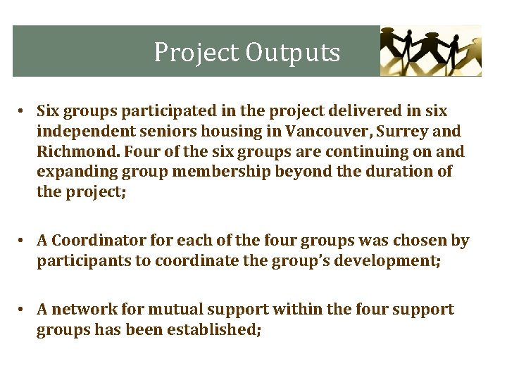 Project Outputs • Six groups participated in the project delivered in six independent seniors