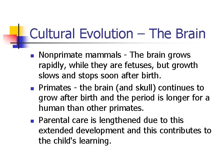 Cultural Evolution – The Brain n Nonprimate mammals - The brain grows rapidly, while